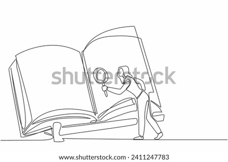 Single continuous line drawing of young curious beauty woman searching important information from big size book with magnifying glass. One line draw vector graphic art. Happy National Thesaurus Day