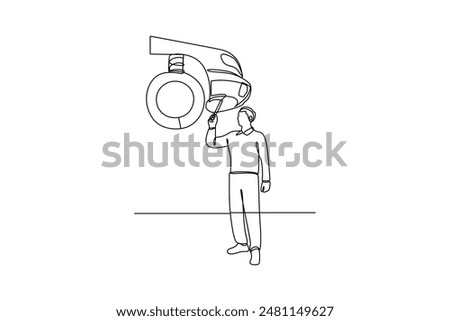 Single continuous line drawing of young man mechanic was checking the condition of a car's tires. Professional work job occupation. Minimalism concept one line draw graphic design vector illustration