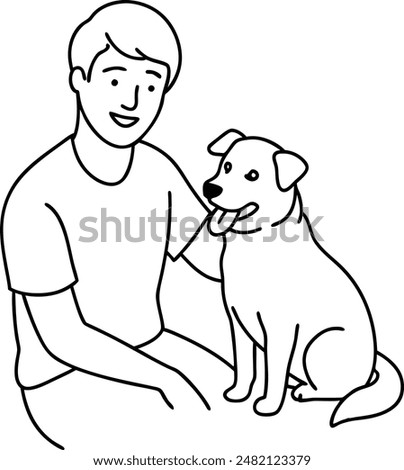 Single continuous line drawing of young energetic man knelt while stroking his beloved cat. Touching the neck. Animal lover. Caring for little cats with pleasure. One line design vector illustration..