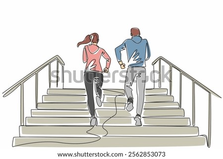 Single continuous line drawing young couples ran up the stairs together. Burn fat and calories in body in large quantities. Cardio exercise. National Exercise Day. One line design vector illustration