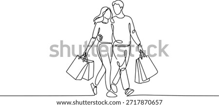 Single continuous line drawing young happy romantic couple holding paper bags while shopping together at mall. Buying fashion and cosmetic concept. one line Icon drawing
