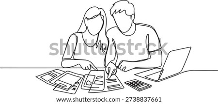 Single continuous line drawing of young male and female couple discussing household monthly bills together. After marriage life concept. one line Icon drawing
