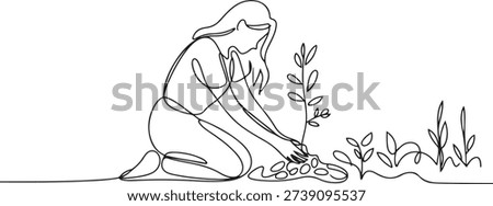 Single continuous line drawing young woman planting a tree in the garden. Ecology concept. The spring planting. Early seedlings grown from seeds. Agriculture. Earth day. one line Icon drawing
