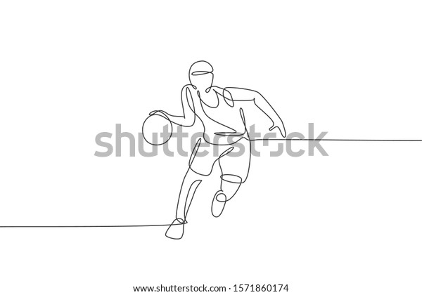 Single continuous line drawing of young agile\
basketball player dribbling the ball. Competitive sport concept.\
Trendy one line draw design vector illustration for basketball\
tournament promotion\
media