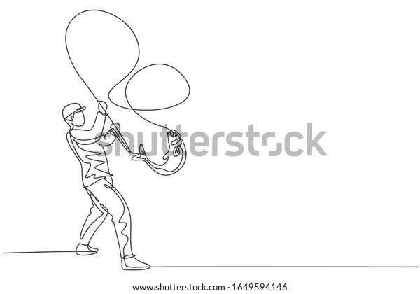 Single continuous line drawing young happy fisher\
man fly fishing success to catch big trout fish in open river.\
Fishing hobby holiday concept. Trendy one line draw design vector\
illustration graphic