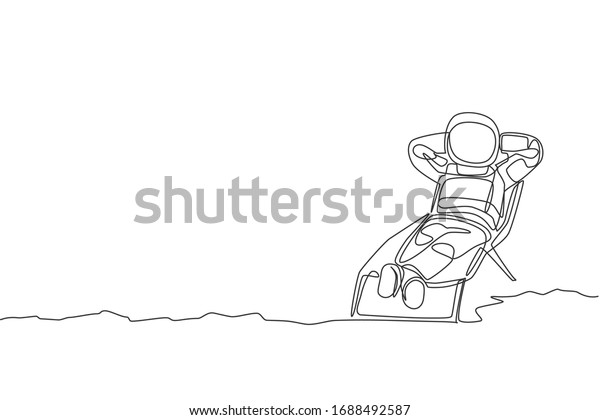 Single continuous line drawing of young\
astronaut tanning and take a sleep napping on sun longer in moon\
surface. Space man cosmic galaxy concept. Trendy one line draw\
design vector\
illustration