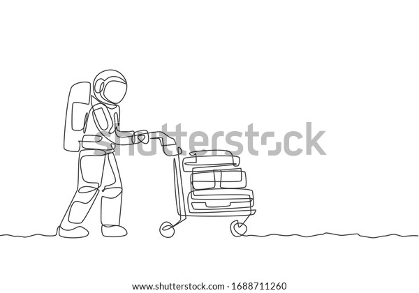 Single continuous line drawing of young\
astronaut pushing luggage trolley with bags and suitcase in moon\
surface. Cosmonaut outer space concept. Trendy one line draw\
graphic design vector\
illustration