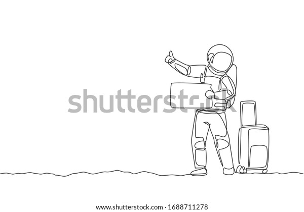 Single continuous line drawing of young\
astronaut hitchhiker waiting for transport beside the roadway in\
moon surface. Cosmonaut outer space concept. Trendy one line draw\
design vector\
illustration