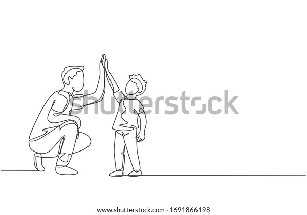 Single continuous line drawing of young dad\
giving high five gesture to son for success school achievement,\
parenthood time. Family parenting concept. Trendy one line draw\
design vector\
illustration