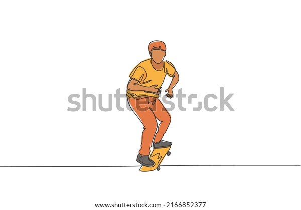 Single continuous line drawing of young cool\
skateboarder man riding skate and performing trick in skate park.\
Practicing outdoor sport concept. Trendy one line draw design\
vector illustration\
graphic