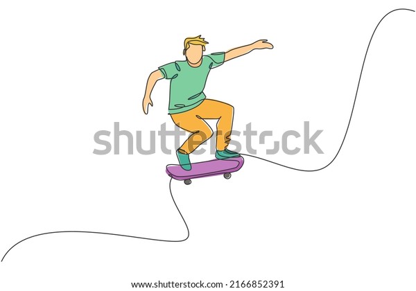 Single continuous line drawing of young cool
skateboarder man riding skate and performing jump trick in skate
park. Practicing outdoor sport concept. Trendy one line draw design
vector illustration