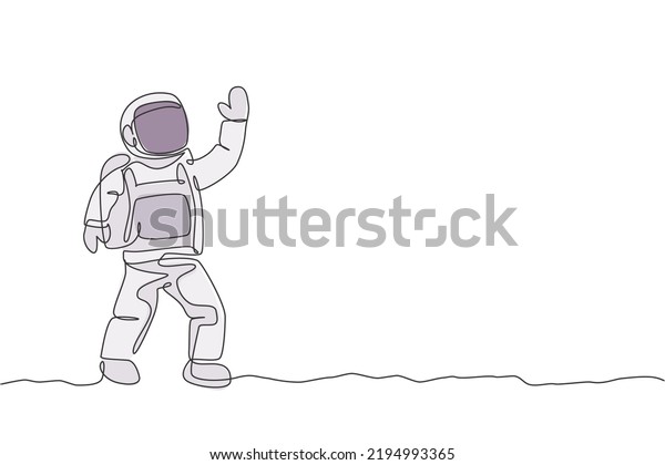 Single continuous line drawing of young\
cosmonaut scientist discovering spacewalk universe in vintage\
style. Astronaut cosmic traveler concept. Trendy one line draw\
graphic design vector\
illustration