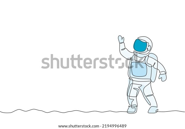 Single continuous line drawing of young
cosmonaut scientist discovering spacewalk universe in vintage
style. Astronaut cosmic traveler concept. Trendy one line draw
graphic design vector
illustration