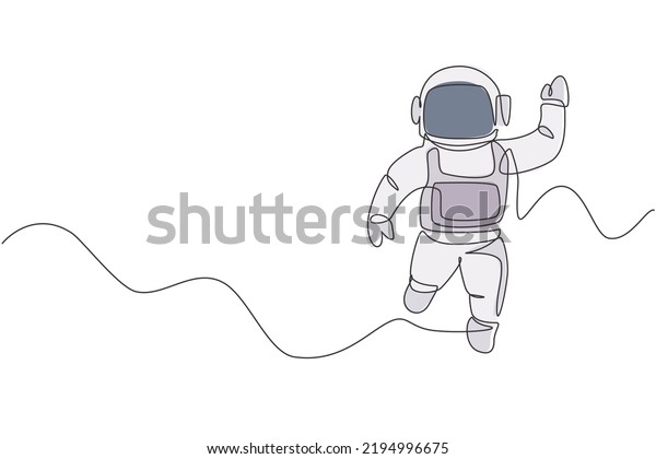 Single continuous line drawing of young\
cosmonaut scientist discovering spacewalk universe in vintage\
style. Astronaut cosmic traveler concept. Trendy one line draw\
graphic design vector\
illustration