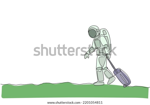 Single continuous line drawing young\
astronaut pulling suitcase while walking out from airport in moon\
surface. Space man cosmic galaxy concept. Trendy one line draw\
design graphic vector\
illustration