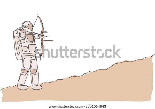 Single continuous line drawing of young\
astronaut practicing archery to shoot bullseye on target in moon\
surface. Cosmonaut outer space concept. Trendy one line draw design\
vector graphic\
illustration