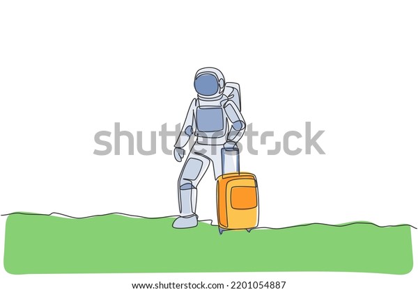 Single continuous line drawing of young\
astronaut carrying luggage bag want to travel in moon surface.\
Space man cosmic galaxy concept. Trendy one line draw design\
graphic vector\
illustration