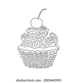 Single continuous line drawing yummy cupcake with cherry. Sweet tasty cake. Delicious dessert for dinner. Snack in birthday. Swirl curl style. Dynamic one line draw graphic design vector illustration
