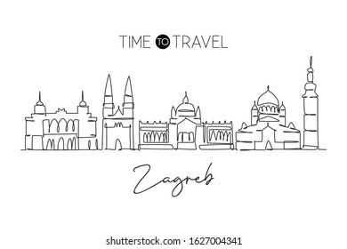 Single continuous line drawing of Zagreb city skyline, Croatia. Famous city scraper landscape. World travel concept poster print home wall decor art. Modern one line draw design vector illustration