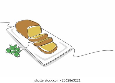 Single continuous line drawing zucchini bread cut into 3 pieces. Served on a square plate. Enjoy the softness and health. Delicious. National Zucchini Bread Day. One line design vector illustration