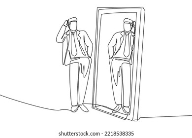 A single continuous line draws a man standing narcissistically in front of a mirror and in the mirror is his reflection. stylish in vector illustration. Modern continuous line drawing design