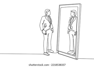 a single continuous line draws a man standing straight in front of a large mirror and inside the mirror there is. image in mirror in vector illustration. Modern continuous line drawing design