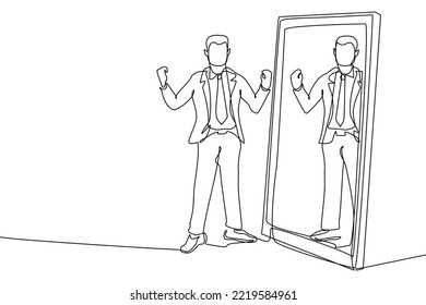 A single continuous line draws man standing and his hands raised in front mirror   in the mirror is his reflection  posing in vector illustration  Modern continuous line drawing design