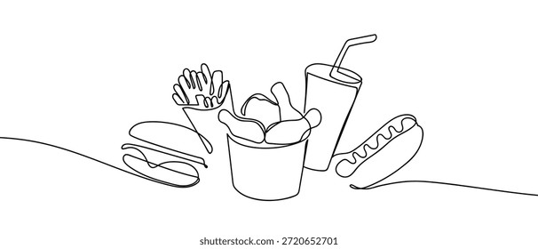 Una sola línea continua: un set de comida rápida que incluye una hamburguesa, hot dog, papas fritas, pollo frito y un refresco. Esta es una ilustración conceptual de comida rápida. estilo lineal y dibujado a mano.