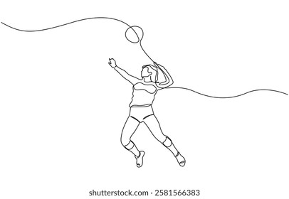 Single continuous line female professional volleyball player, Continuous single one line drawing of volley ball woman player sport championship vector illustration.