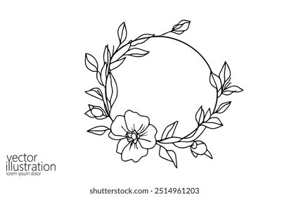  Marco de círculo de flor de línea continua única. Diseño de concepto de invitación de boda de línea redonda dibujado a mano uno. Elegante Ilustración vectorial de dibujo de esbozo floral minimalista