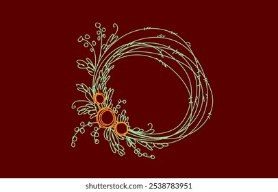  Single continuous line flower circle frame. Hand drawn round line border wedding invitation concept design one. Elegant minimalist floral sketch outline drawing vector illustration