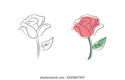 single continuous line flowers, leaves. Art floral elements. Use for t-shirt prints, logos, cosmetics and beauty design elements