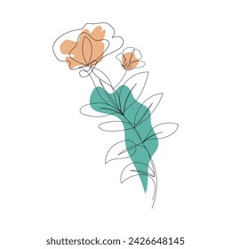 Flores de una sola línea continua, hojas. Elementos florales de arte. Uso para estampados de camisetas, logotipos, cosméticos y elementos de diseño de belleza