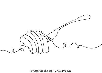 Una sola línea de tenedor que sostiene un Pequeño pedazo de filete. Ilustración gráfica de Vector de diseño de línea única.