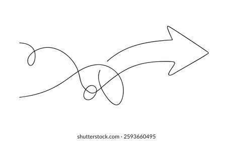 A single continuous line forms an arrow pointing right, preceded by abstract swirls. Simple, minimalist design ideal for various uses.