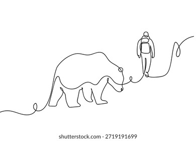 En una sola línea continua, un oso pardo camina detrás de un excursionista. una línea dibujada. concepto lineal.