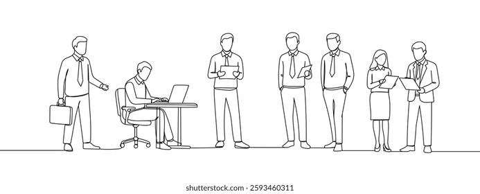 Single continuous line, group of people, office workers, management, multi-tasking, cooperation, teamwork, business illustration line art vector with transparent background. - Powered by Shutterstock - Get 15% off with code: PIKWIZARD15