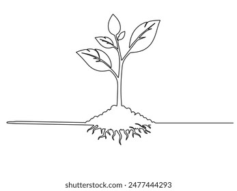 A single continuous line growing bud. Plant leaves seeds grow soil sowing eco concept of natural farm design a sketch sketch sketch vector illustration.