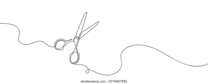 Single continuous line, hair cutting scissors, barber shop line art vector illustration with transparent background.