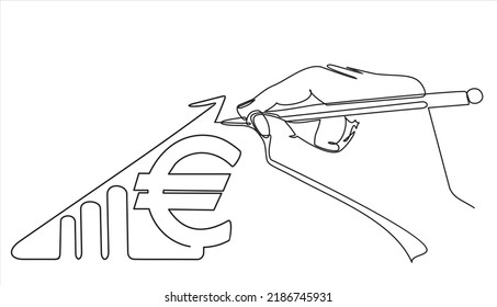 Single continuous line of hand drawing increasing up arrows bar graph sign and euro sign. Business financial sales market growth performance minimal concept. One continuous line draw vector 