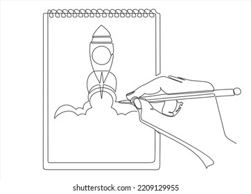 Single continuous line of hand drawing of Rocket .Startup business.  Can used for logo, emblem, slide show and banner.