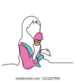 single continuous line hand drawn girl eating ice cream