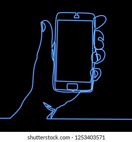 Single continuous line hand holding smartphone Mobile phone touch screen gadget modern technology neon blue glow vector illustration concept