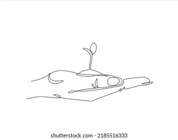Single continuous line of hand holding  a plant. Concept of growing and love earth.