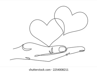Single continuous line of hand holding hearts on a white background. Black thin line of the hands with  hearts.