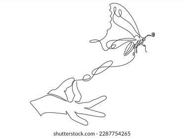 Single continuous line of hand holding butterfly on a white background. Black thin line of the hands with butterfly. Freedom concept.