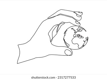 Single continuous line of hand holding  the globe. Earth globe in human hands.