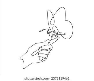 Single continuous line of hand holding butterfly on a white background. Black thin line of the hands with  butterfly. Freedom concept.