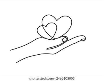 Single continuous line of hand holding hearts on a white background. Black thin line of the hands with  hearts.