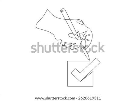Single continuous line of Hand with pen puts a tick of consent. Vector illustration. Editable stroke. 